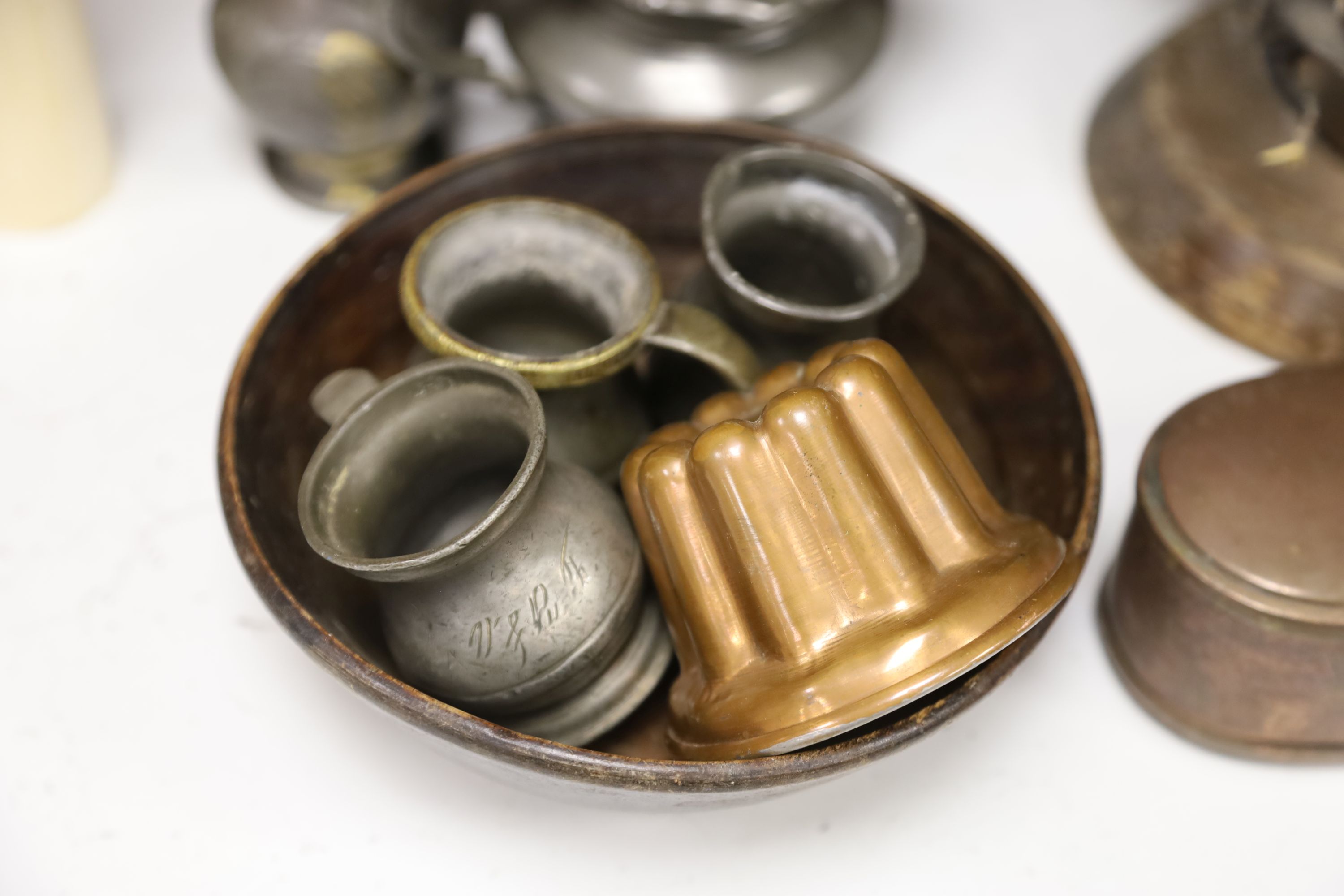 Assorted metalware including a copper tobacco box, a miniature jelly mould, etc